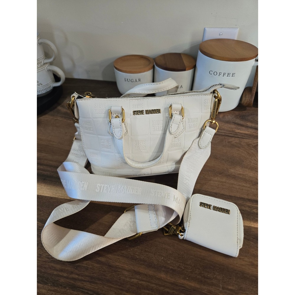 Steve Madden White Embossed Logo Crossbody Bag with Coin Purse Gold Hardware